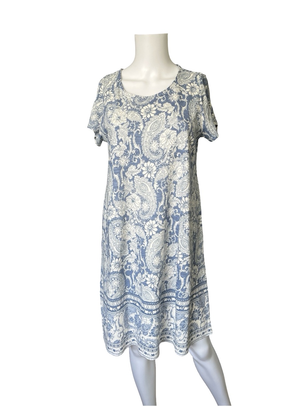 J Jill PureJill Slub Knit Dress Organic Cotton Blue White Floral Size XS Petite